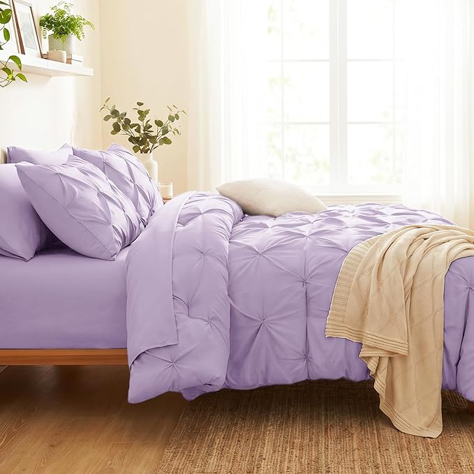 Queen Comforter Set Lavender, 7 Pieces Pintuck Bed in a Bag | OEKO-TEX 100 Certified, 240GSM All Season, Bedroom, Guest Room, Down-Alternative Comforter, Sheets, Pillowcases & Shams