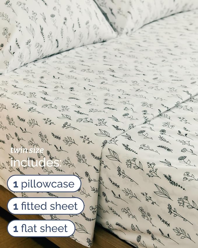 Twin 3 Piece Boho Botanical Floral Sheet Set - Soft & Cooling - Plants | 1 Flat, 1 Fitted & 1 Pillowcase w/ Deep Pockets, Boho Botanical Floral Bedding, Breathable & Cooling, Wrinkle & Fade Free