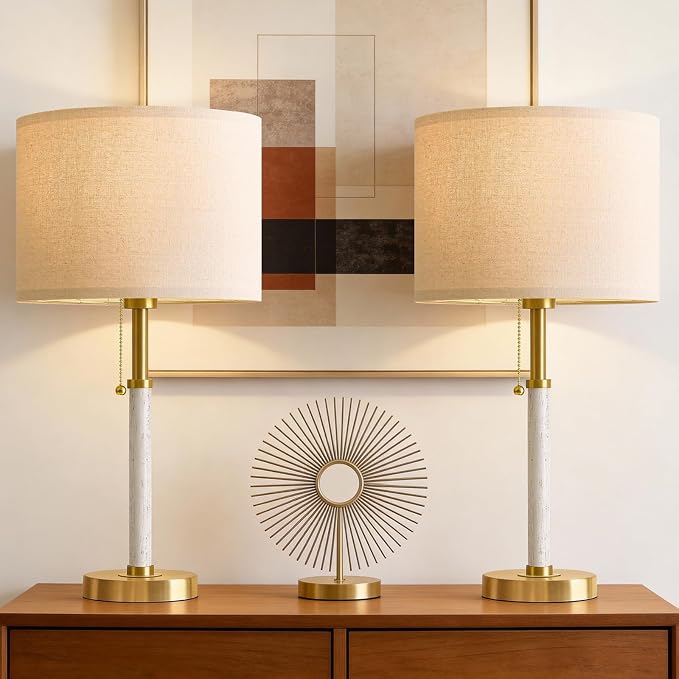 Wood Table Lamps 22" Mid Century Modern Lamps for Bedroom Living Room Lamps | Pull Chain Gold Lamps Set of 2, Mcm Bedside Lamps for Night Stands, Vintage Small Side Table Lamps Buffet Nursery Decor Gifts