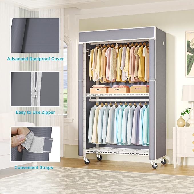 FUTASSI White Clothing Rack with Grey Cover, P1C Rolling Closets | Metal Garment Rack for Hanging Clothes, Clothing Storage Wardrobe, with Wheels