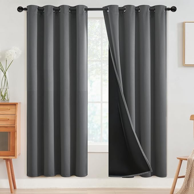 SimpleHome Grey 100% Blackout Curtains Room Darkening Living Room 72 Inch | Curtains for Bedroom,Thermal Insulated Grommet Window Drapes,Curtains for Living Room with Black Back,52 x 72 Inch,2 Panels