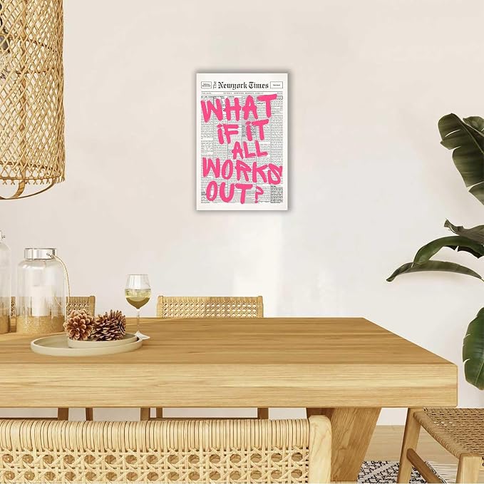 Drimiler Retro Newspaper Pink Font Poster What If It All Works Out Canvas Wall Art Positive Affirming Quote Minimalist Prints Painting For Home Bedroom Dorm Wall Decor 12x16in Wframed