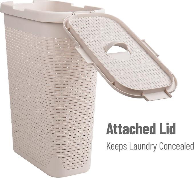 Mind Reader Slim Laundry Hamper with Lid, 40L Clothes Basket, Narrow Tapered Design with Ventilated Cutout Pattern, Plastic, Ivory
