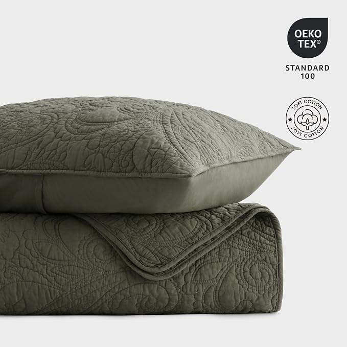 EVERGRACEHOME 100% Cotton Paisley Quilt Set, King Size, Olive Green | Prewashed for Softness, Year-Round Breathability, Gift-Ready Box, Matelasse-style Quilted Coverlet, 3 Piece Set with 2 Shams