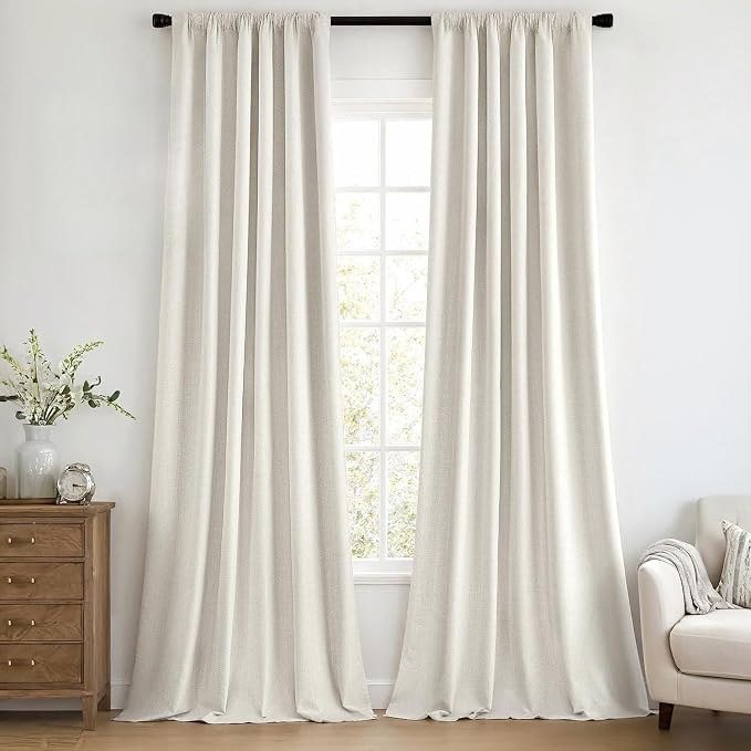 MIULEE 100% Blackout Back Tab Pleat Linen Curtains 50" Wx102 L,Grey Beige | 2 Panels,Thick Faux Linen,Textured Drapes,with Hooks,for Bedroom Living Room,Black Out,Room Darkening