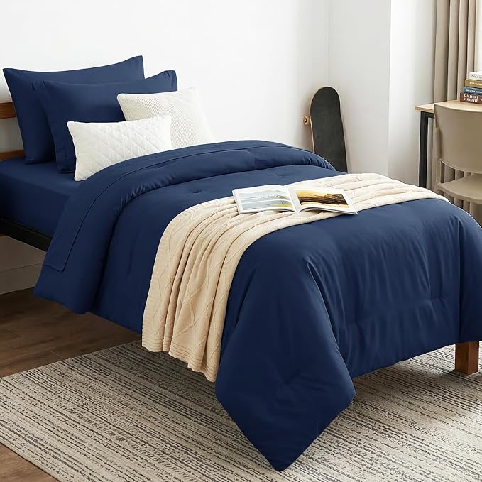 Twin XL Comforter Navy, 5 Pieces Bed in a Bag | College Dorm Essentials, OEKO-TEX Certified, 240GSM Down Alternative Comforter, Flat & Fitted Sheets, Pillowcase & Sham