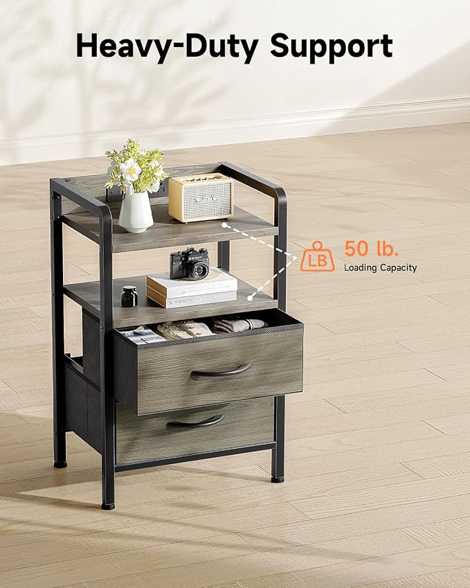 Lazzanto Nightstand with Rear Charging Station, LED Light, 2 Drawers, Grey | Industrial Nightstand, 2 USB-A Ports & AC Outlets, Raised Back Guard, Fabric Storage Drawers, Bedside Table for Bedroom, Dorm