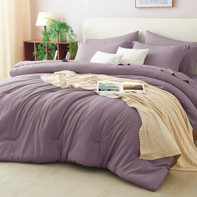 Queen Comforter Set Dusty Purple, 7 Pieces Bed in a Bag | OEKO-TEX Certified, All-Season, Bedroom, 240GSM Down Alternative Comforter, Flat & Fitted Sheets, 2 Pillowcases & 2 Shams