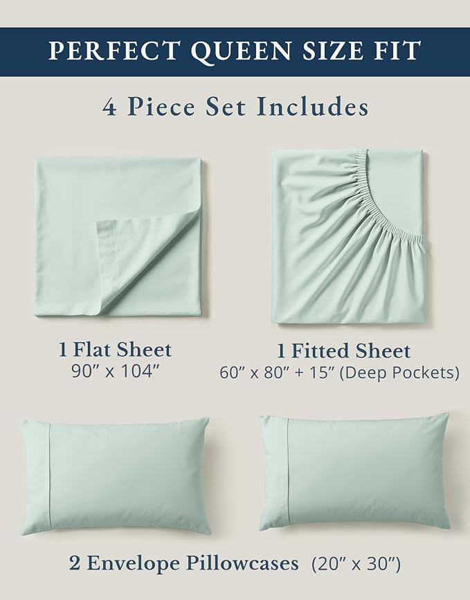 LANE LINEN Queen Sheet Set 100% Organic Cotton Cooling Soft 4pc - Cool Blue | Pure Long-Staple Organic Cotton Queen Sheet Set - Easy-Care Machine Washable, Breathable For Year-Round Sleep