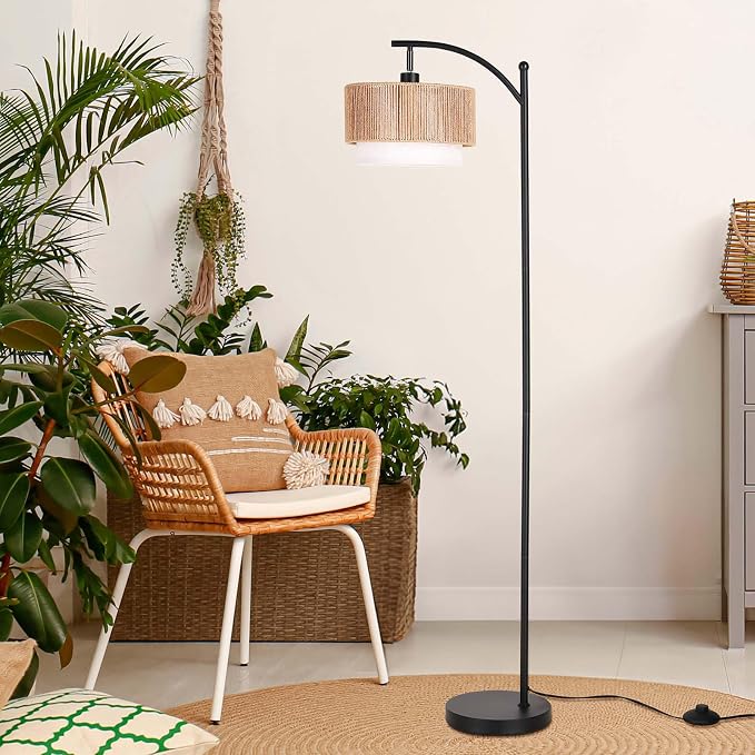 SUNMORY Arc Floor Lamps for Living Room, Rattan Standing lamp with 12W Bulb | Arched LED Lamp with 3 Color Temperatures, Farmhouse Floor Lamps with Adjustable Shades, Boho Floor Lamp for Bedroom, Corner