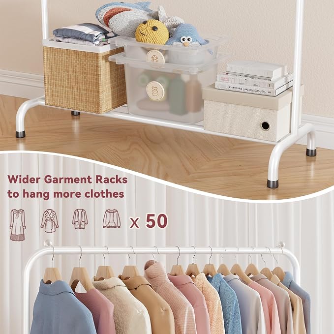Clothing Clothes Rack with Storage Shelf, 45" L Standard Garment Rack for Hanging Clothes, Metal Portable Wardrobe Rack for Laundry Room, Bedroom, White