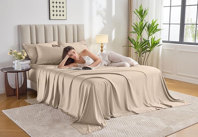 Pure Bamboo California King Sheets, Genuine 100% Organic Viscose Derived from Bamboo Bed Sheet Set, Soft & Cooling, Double Stitching, 2 Year Quality Promise (California King, Almond)