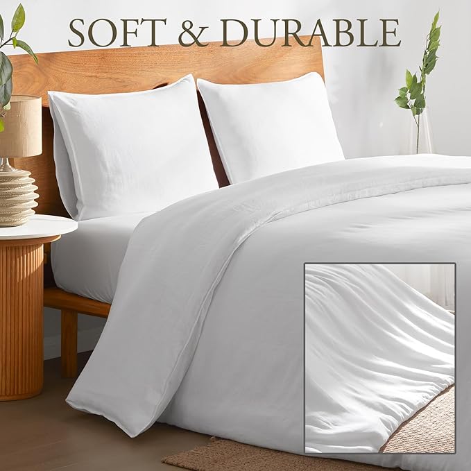 DAPU 100% French Linen Duvet Cover 3Pcs Set, 170GSM Linen Bedding, Queen | Soft Breathable All-Season for Hot sleepers, Corner Ties & Zipper Closure, French Linen Flax from Normandy, White