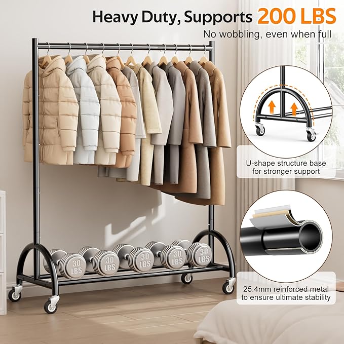 MISSLO Heavy Duty Clothing Rack with Wheels Rolling Clothes Racks for Hanging Clothes, Coats, Garment, Dress, Black (Pack of 2)