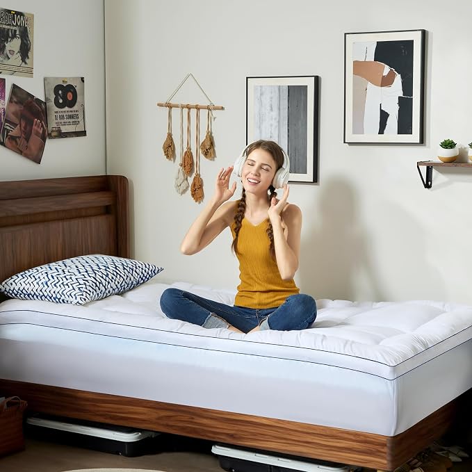Dorm Room Essentials Dual Layer 4 Inch Memory Foam Mattress Topper Twin XL, 2 Inch Cooling Gel Memory Foam and 2 Inch Soft Pillow Top Mattress Pad Cover Back to School