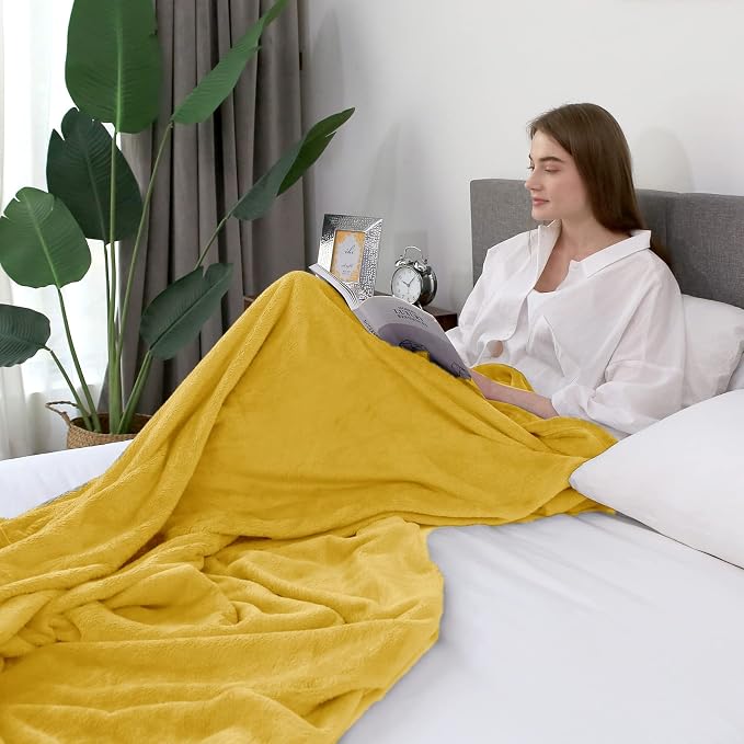 Hansleep Queen Yellow Fleece Blanket, Soft Flannel Bed Blanket | Fuzzy Cozy Blanket 90x90 Inches, Multi-use for Bed, Sofa, Couch, Travel, Camping, All Season Warm Lightweight Cover