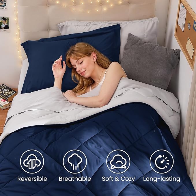 5 Pieces Twin XL Comforter Set, Reversible Bed in a Bag Twin XL Size, All Season Bedding Set with Comforter, Flat Sheet, Fitted Sheet, Pillowcases & Shams, Navy & Light Grey