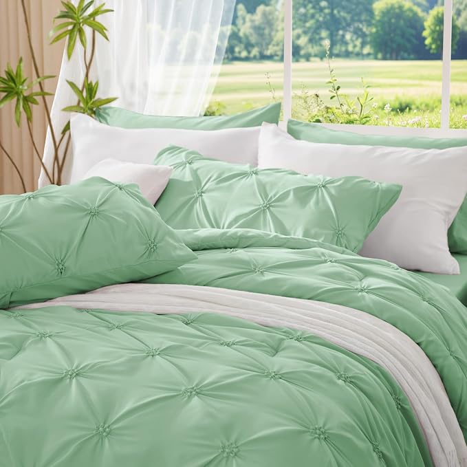 BEDELITE Twin Comforter Set Sage-Green,Lightweight & Soft Comforter | Pintuck Boho Bedding, Warm & Cute Bed Set for All Season,With 1 Pillowcase
