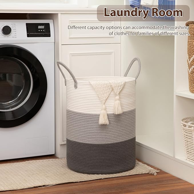 OIAHOMY 60L Nursery Hamper Laundry Basket Laundry Hamper Gradient Grey | collapsible Blanket Basket Cotton Rope Woven Basket Dirty Clothes Hamper Baby Hamper Tall Clothes Hamper with Handles