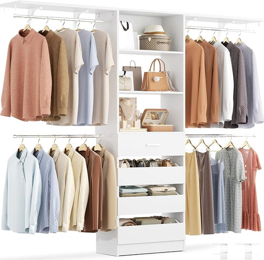 Aheaplus Closet System with 4 Drawers, 8FT Wood Closet Organizer System | 96" Closets Built In System Tower with Shelves, Walk-in Closets Wardrobe Clothes Garment Rack, Fits Spaces 4-9 ft, White