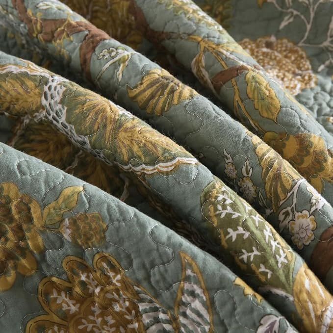ENASAL Cotton Bedspread Quilt Sets Reversible Bedding Coverlet Sets Comforter, Vintage Floral Farmhouse Pastoral Turquoise Bedspread, King Size