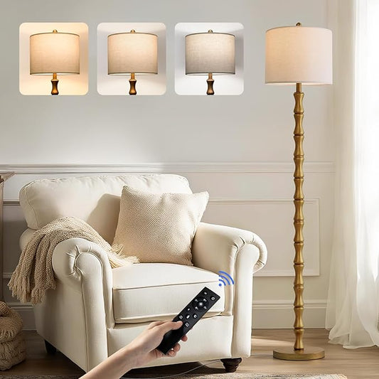 BOBOMOMO 62" Gold Floor Lamps for Living Room with Remote & Dimmable 9W Bulb, 3 Color Temperatures Resin Tall Lamp, Farmhouse Standing Lamp for Bedroom, Nursery, Reading Nook, Rustic Home Decor