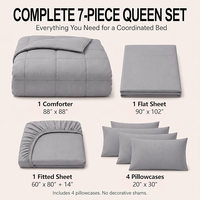 Queen Comforter Set Grey - 7 Pieces Bed in a Bag | OEKO-TEX Certified, All-Season, Bedroom, Guest Room, Down-Alternative Comforter + Flat & Fitted Sheets + 4 Pillowcases
