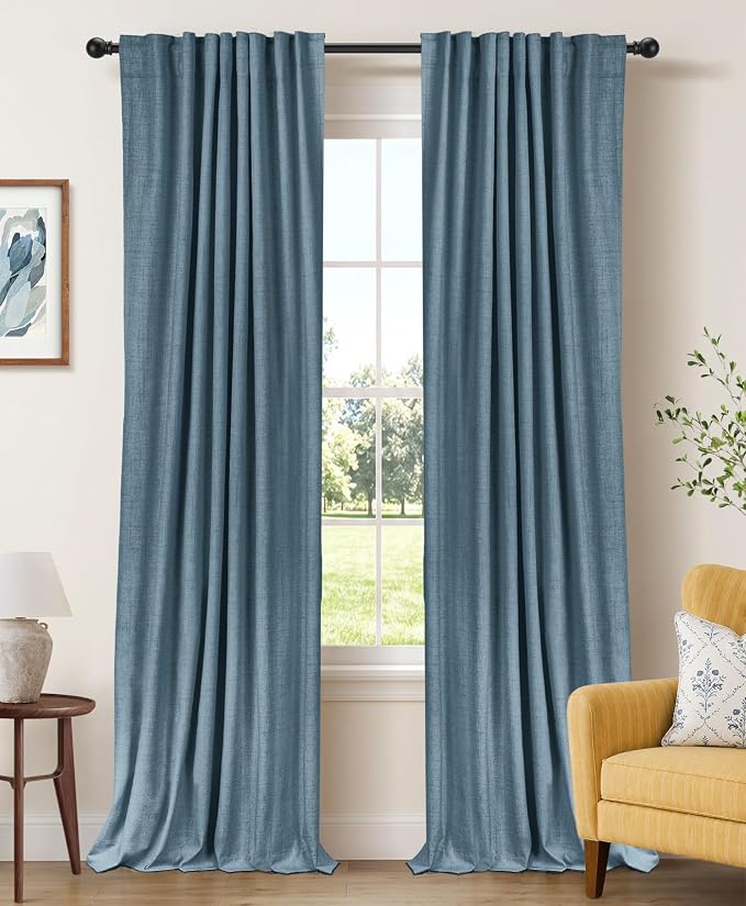 Faux Linen Total Blackout Curtains for Bedroom 102 Inches Long, Stone Blue | 100% Blackout Shield, Back Tab/Rod Pocket Living Room Drapes, Thermal Insulated Blackout Curtains 2 Panels Set, 50"W x 102"L