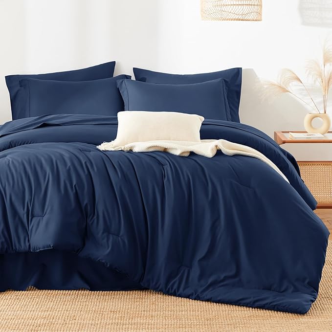 HIMEET Queen Comforter Set, 7-Piece Point-Quilted Bed in a Bag Navy Blue | OEKO-TEX Certified, Lightweight 240 GSM Comforter, Flat Sheet, 14-Inch Deep-Pocket Fitted Sheet, Pillowcases & Shams