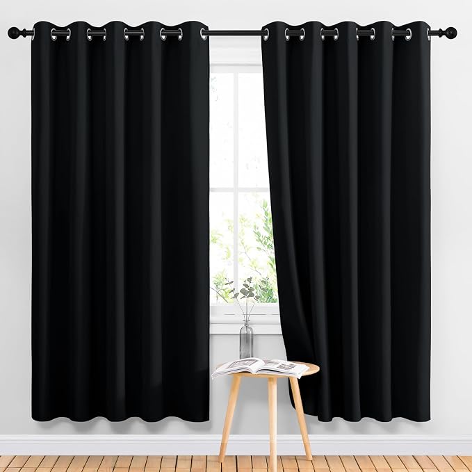 NICETOWN Black Blackout Curtains for Living Room 66" w x 70" L 2 Panels | 3 Pass Microfiber Noise Reducing Thermal Insulated Solid Ring Top Window Drapes, Light Blocking Noise Reducing Home Decor
