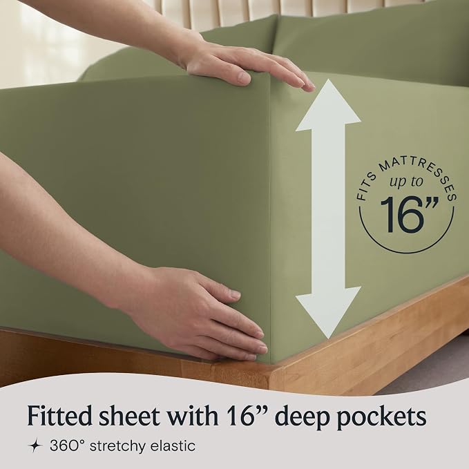 LuxClub California King Sheets Sets, Deep Pocket Cal King Sheet Bed Sheets 4PC, Cooling Sheet Cal King Size, Soft Breathable Hotel Bedding, Silky Fitted Sheet & Pillowcase Sets, Olive | LuxClub Silky Fitted Sheet & Pillowcase Sets, Breathable Hotel Lux...