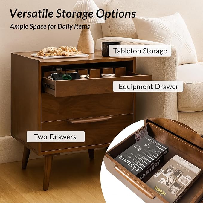 HULALA HOME 2-Drawer End Table with Charge Station, Walnut | Mid-Century Modern Style, Pull-Out Shelf, Wood Legs, Cable Management
