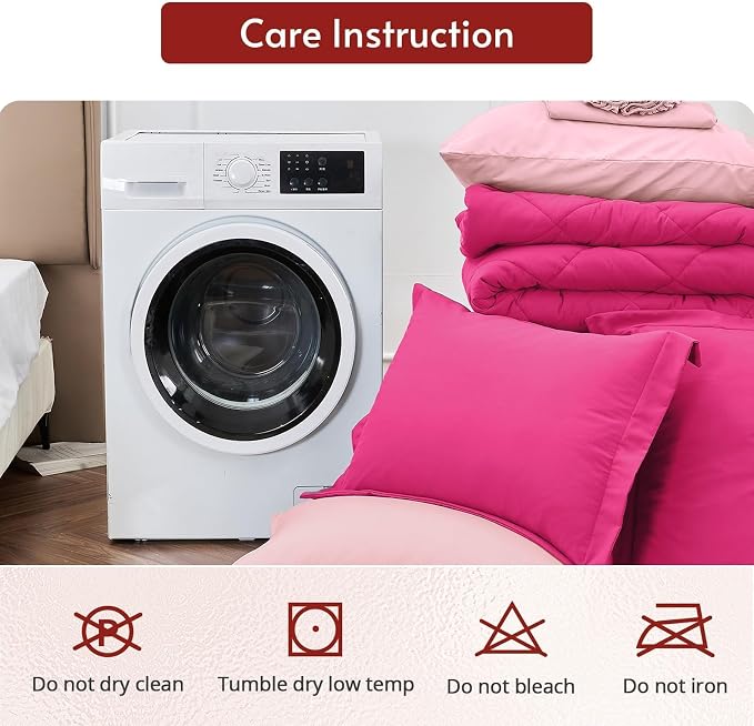 7 Pieces King Comforter Set, Reversible Bed in a Bag King Size, All Season Bedding Set with Comforter, Flat Sheet, Fitted Sheet, Pillowcases & Shams, Hot Pink & Baby Pink