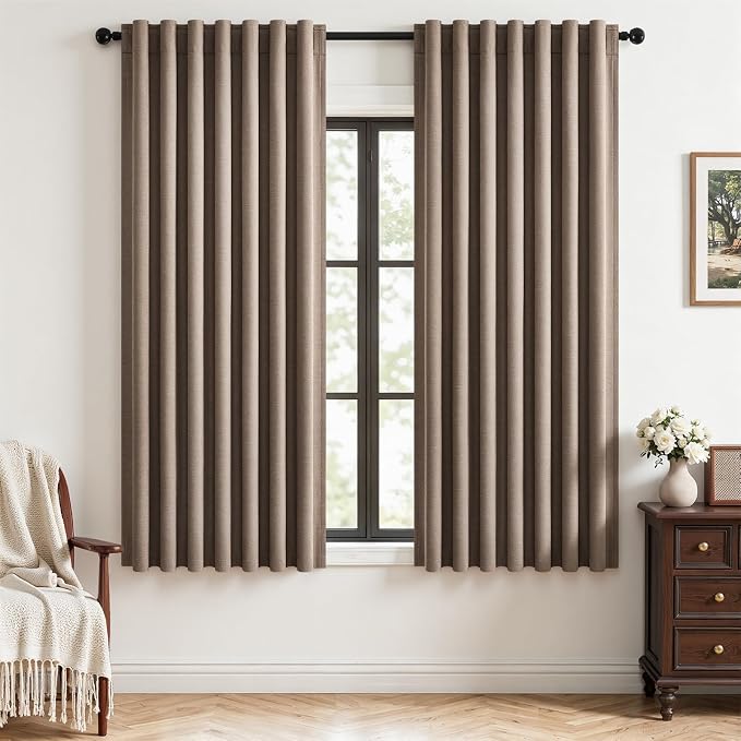 Topfinel 72 Inch Blackout Curtains for Bedroom Heat Blocking Linen Blended Energy Efficient Insulated Boho Farmhouse Cabin Closet Back Tab Dark Brown Bay Windows Drapes 2 Panels Set