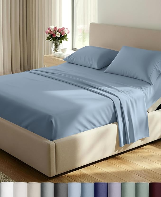 California Design Den Luxury 800 Thread Count Split King Bed Sheets, 5 Pcs | 100% Cotton Sateen, Good Housekeeping Seal, Split King Sheets Sets for Adj. Bed with 2 Sep. Twin-XL Mattresses - Dusty Blue
