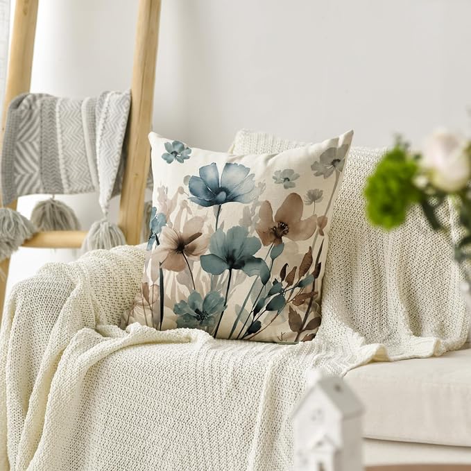 AVOIN colorlife Poppy Flowers Blue Brown Throw Pillow Cover 18x18 Inch | Chinoiserie Seasonal Leaves Cushion Case Decoration for Sofa Couch Farmhouse