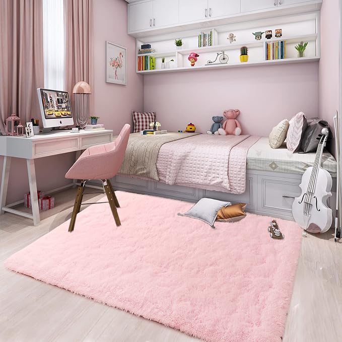 Pink Area Rugs for Living Room Bedroom Girls, 4x6 Soft Fluffy Fuzzy Shag Rug for Kids Room Bedside Rug, Indoor Floor Plush Cute Carpet for Baby, Nursery, Home Decor Aesthetic