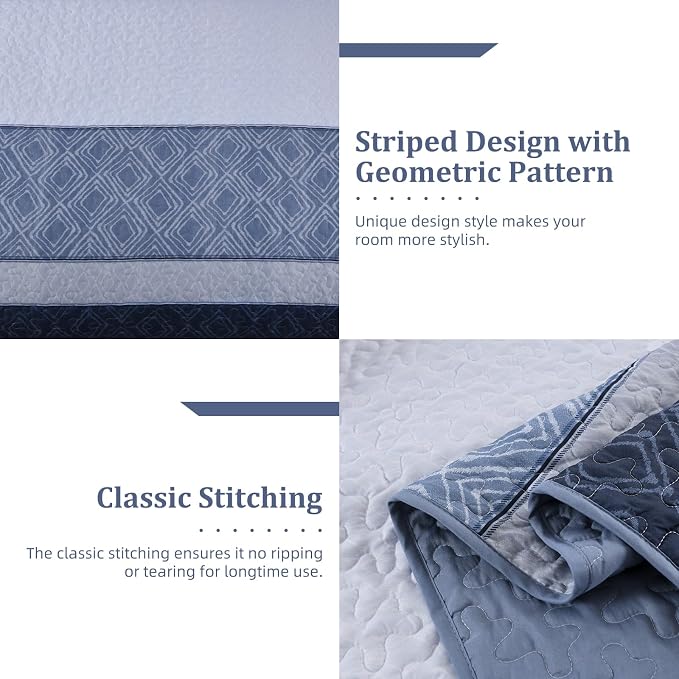 Cottolester Full Size Quilt,3 Pcs Mineral Blue Striped Plaid Bedspread | Boho Summer Bedding Set，Soft Lightweight Coverlets Set for Men Women,Microfiber Quilt Bedding Sets for All Seasons 78"x90"