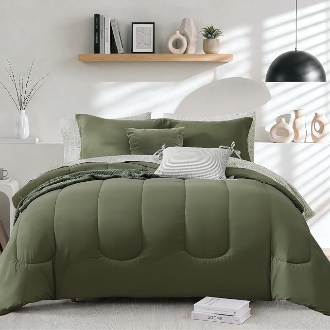 Monbix Queen Comforter Set - 7 Pieces Soft Bed in a Bag Queen Bedding Sets | All Season Green Track Stitching Comforter Bed Set with Printed Sheets, Pillowcases & Shams