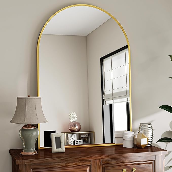 Large Arched Wall Mirror, 36 x 48 inch Arch Bathroom Mirror Gold | Wall Mounted Bathroom Vanity Mirror with Arch Metal Frame, Modern Room Decor for Bedroom, Entryway, Hanging or Leaning