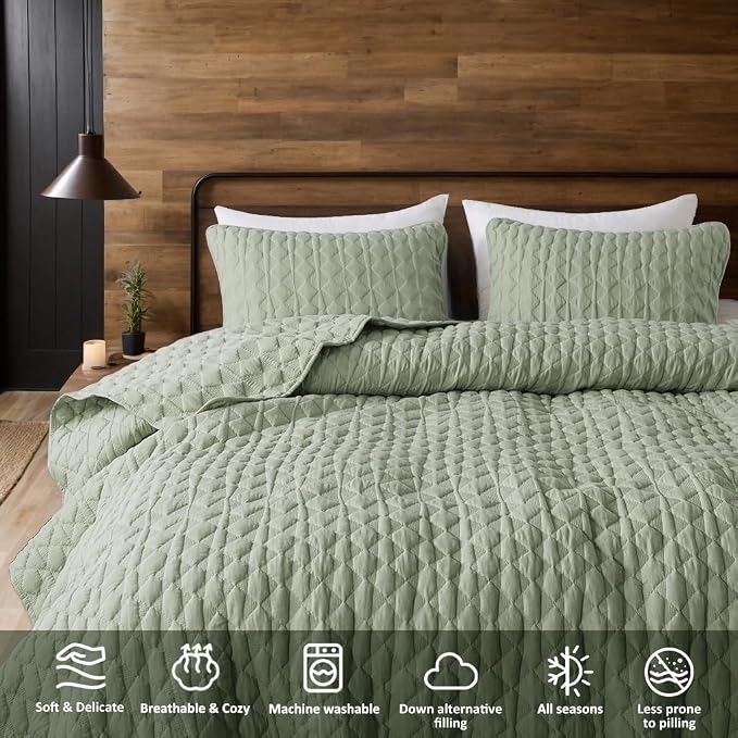 WDCOZY Sage Green Quilt Twin Size Bedding Sets with 1 Pillow Sham, Lightweight Soft Bedspread Coverlet, Twin XL Thin Comforter Bed Cover, All Season Spring Summer, 2 Pieces, 68x90 inches