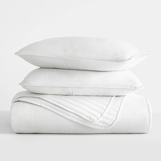 Merit Linens Modern Quilt Coverlet Soft Set in Stripe Stitching - Twin/TwinXL White