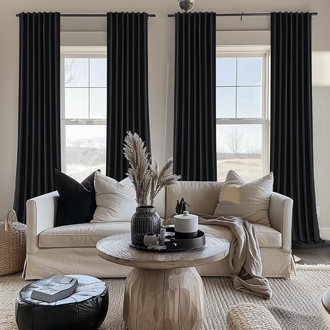 QJmydeco Black Blackout Curtains 96 Inches Long 2 Panel Set, Sun Blocking Curtains for Bedroom Modern Black Window Linen Drapes Thermal Insulated Pleated with Heading Tape Pin Hooks (W50 xL96)