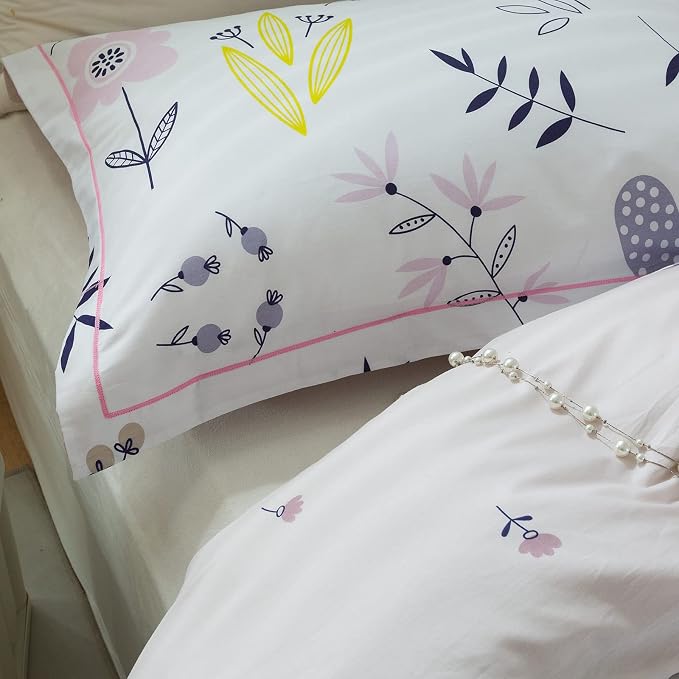 mixinni Garden Style Floral Duvet Cover Queen Size Teenage Girls Flower Leaf Print 3pc Soft Cotton Bedding Set Comforter Cover with Zipper Ties Perfect for Girls- (3pcs, Queen Size)