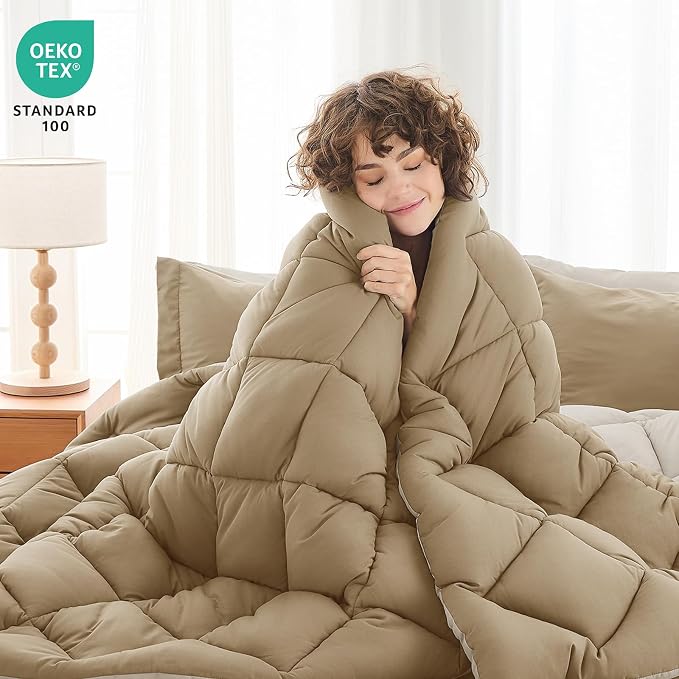 5 Pieces Twin Comforter Set, Reversible Bed in a Bag Twin Size, All Season Bedding Set with Comforter, Flat Sheet, Fitted Sheet, Pillowcases & Shams, Khaki & Linen