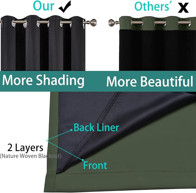 Yakamok Greyish Green 100% Blackout Curtains 96 Inches Long 52" Wide, 2 PCS | Blackout Curtain Panels for Bedroom, 2 Thick Layers Grommet Top Thermal Insulated Drapes with Black Liner for Living Room