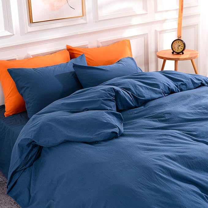NEXHOME PRO Duvet Cover Set 100% Washed Cotton Oversized Queen 98"x98", Organic Natural Linen Look Textured 3 Pieces Bedding Set Royal Navy Klein Blue with Zipper Closure, Soft (No Comforter)