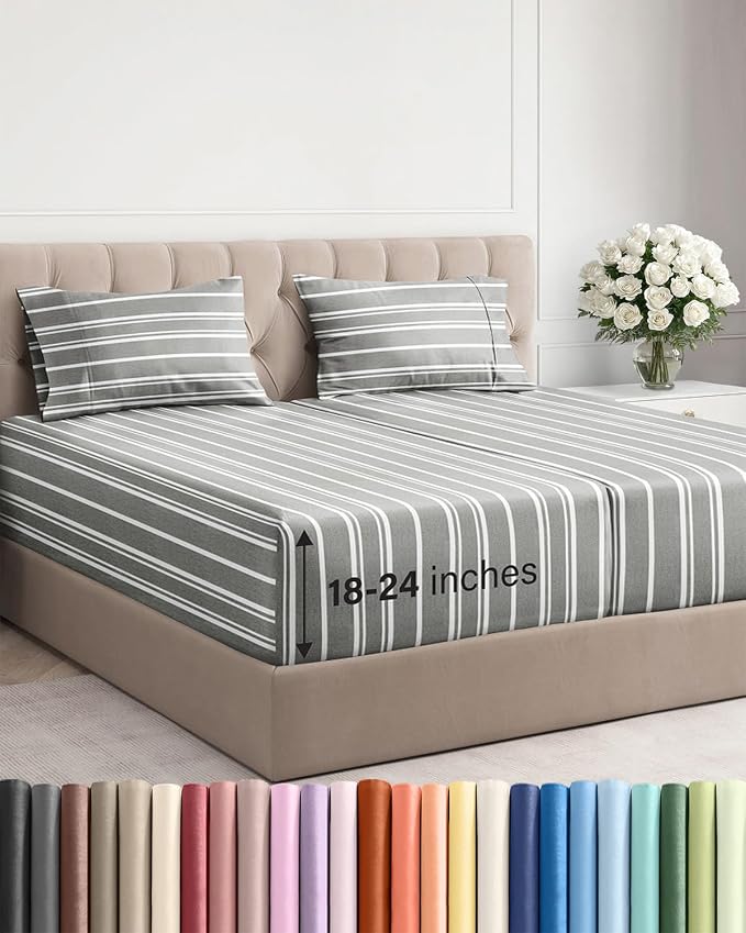 Extra Deep Split King Sheet Set - 5 Piece Breathable Cooling - Grey Stripes | Easily Fits 18 to 24 inch Mattress - Ultra Soft, Wrinkle & Fade Free with Extra Deep Pockets - Comfy Hotel Luxury Bedding