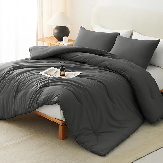 Full Comforter Set, 3 Pieces Down Alternative Bedding, Dark Grey | 270 GSM All Season Comforter with 4 Corner Ties for Use as a Duvet Insert, OEKO-TEX Certified, 2 Pillowcases, 82 x 86 in