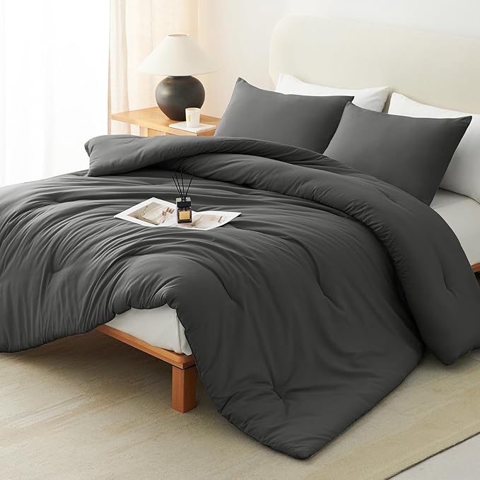 King Comforter Set, 3 Pieces Down Alternative Bedding, Dark Grey | 270 GSM All Season Comforter with 4 Corner Ties for Use as a Duvet Insert, OEKO-TEX Certified, 2 Pillowcases, 102 x 90 in